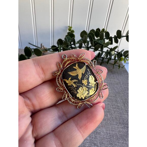 Vintage Damascene Brooch | Black and Gold Floral & Bird Design | Filigree Edging - Picture 1 of 5